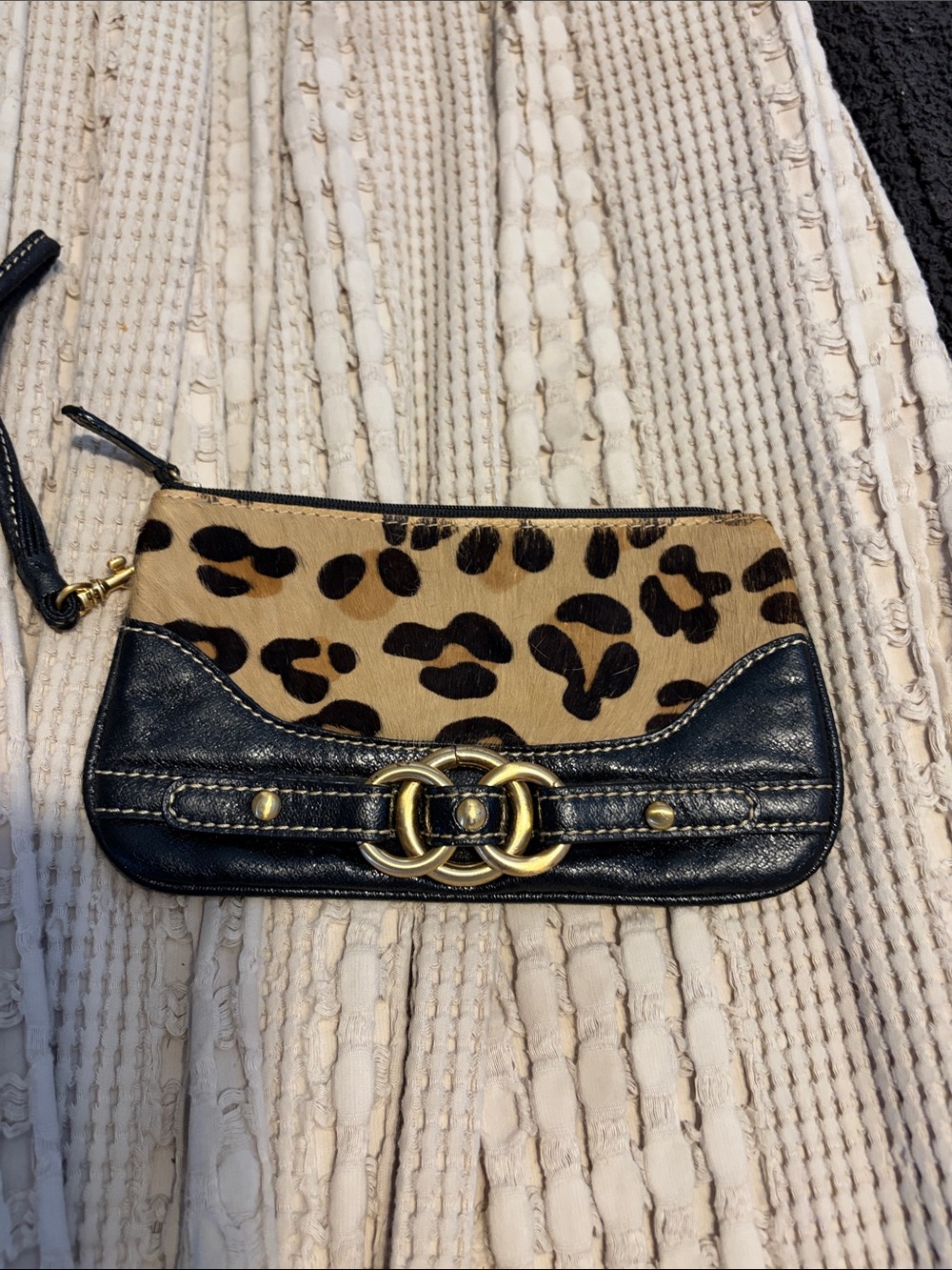 Leopard Print Wristlet Clutch with Black Leather Trim and Gold Accent
